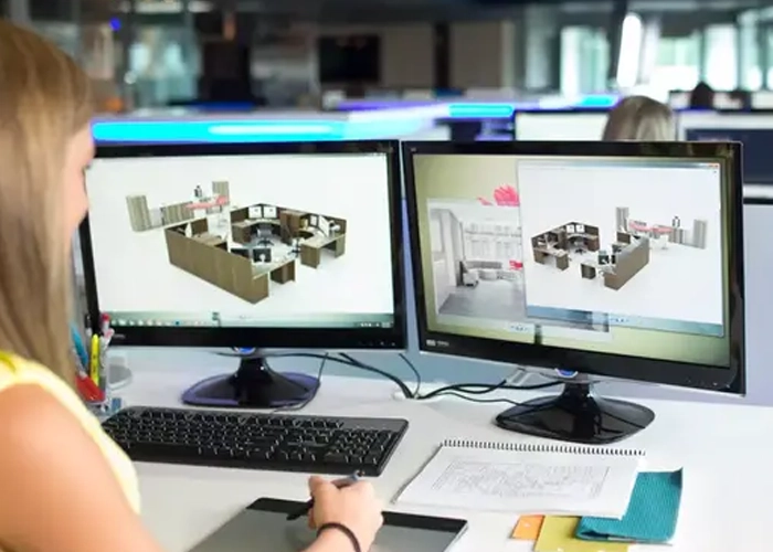 Interior design software on dual monitors displaying 3D room layouts and models.